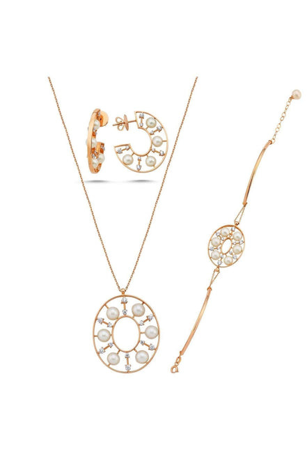 Designed Natural Pearl Earring Necklace Bracelet Triple Set