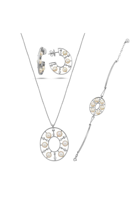 Designed Natural Pearl Earring Necklace Bracelet Triple Set