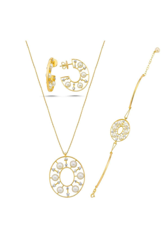 Designed Natural Pearl Earring Necklace Bracelet Triple Set