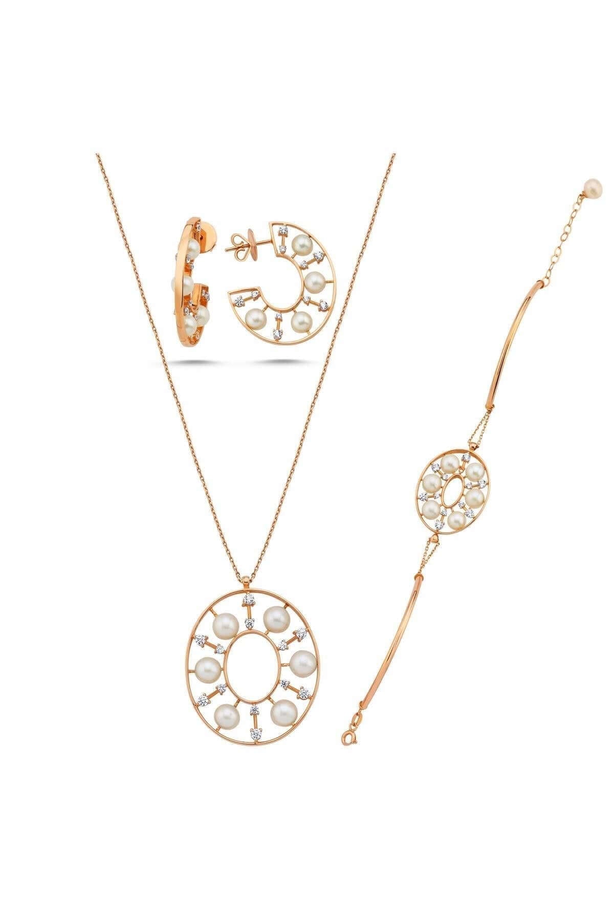 Designed Natural Pearl Earring Necklace Bracelet Triple Set