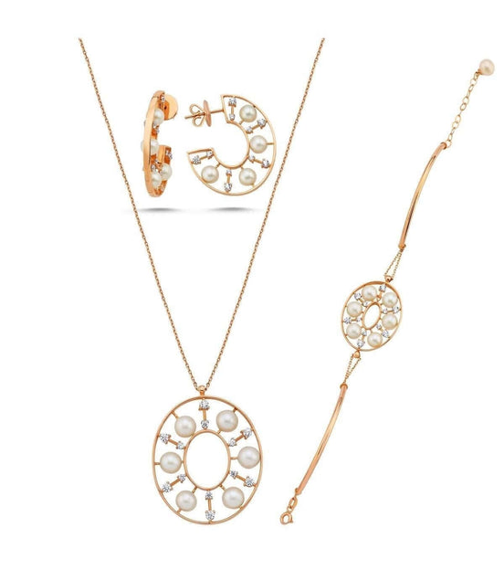 Designed Natural Pearl Earring Necklace Bracelet Triple Set