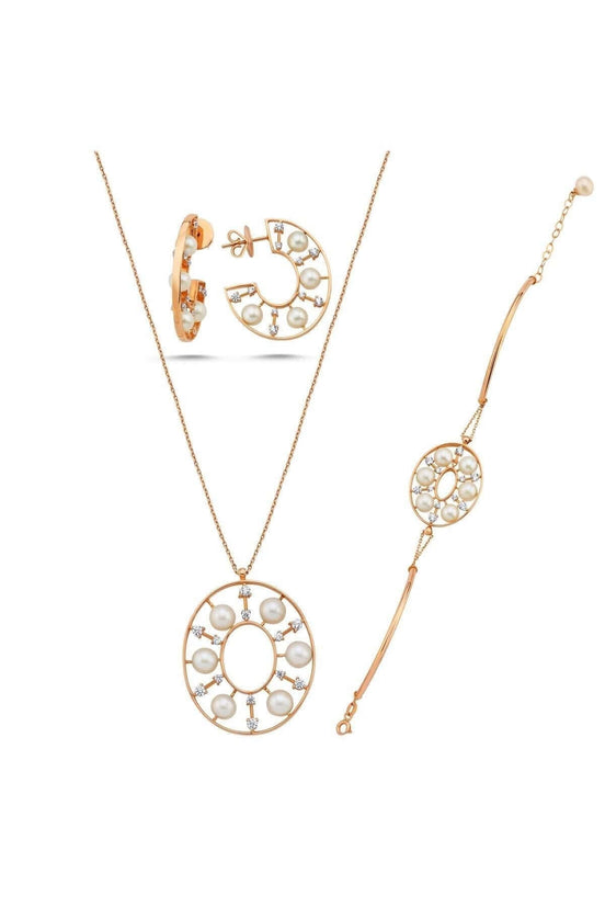 Designed Natural Pearl Earring Necklace Bracelet Triple Set