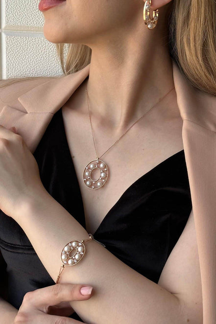 Designed Natural Pearl Earring Necklace Bracelet Triple Set