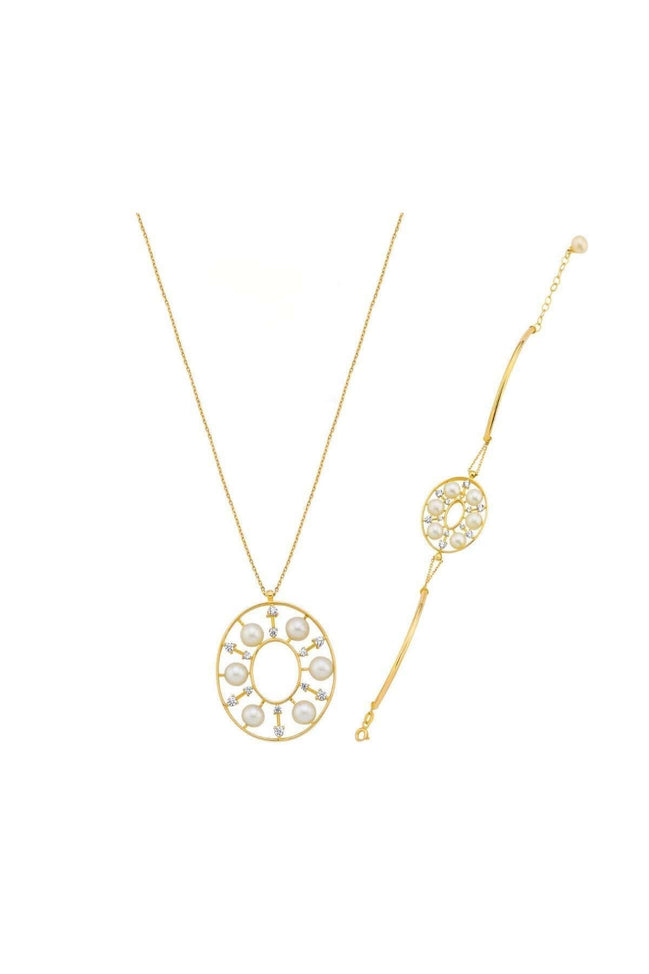 Designed Natural Pearl Necklace Bracelet Double Set