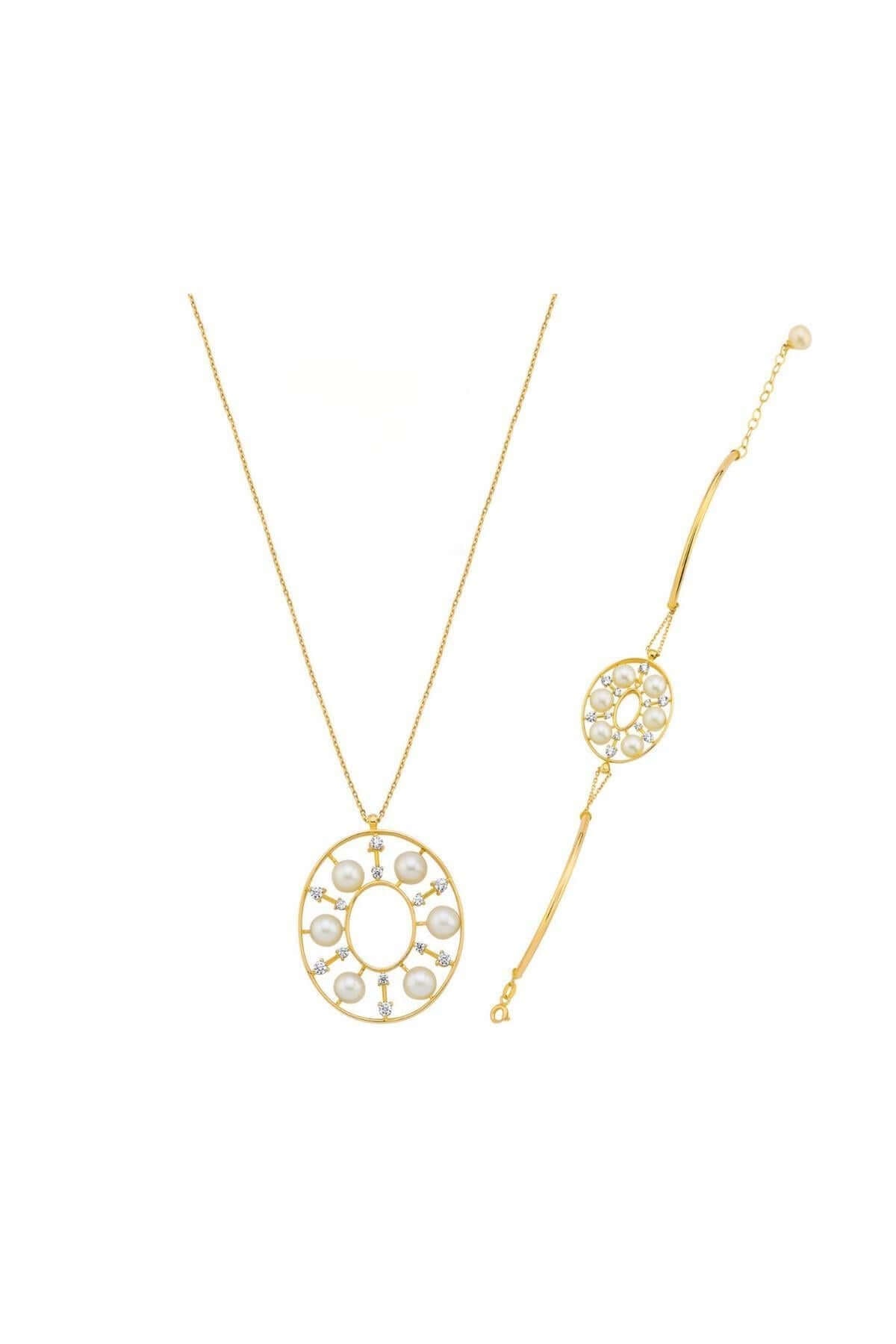 Designed Natural Pearl Necklace Bracelet Double Set