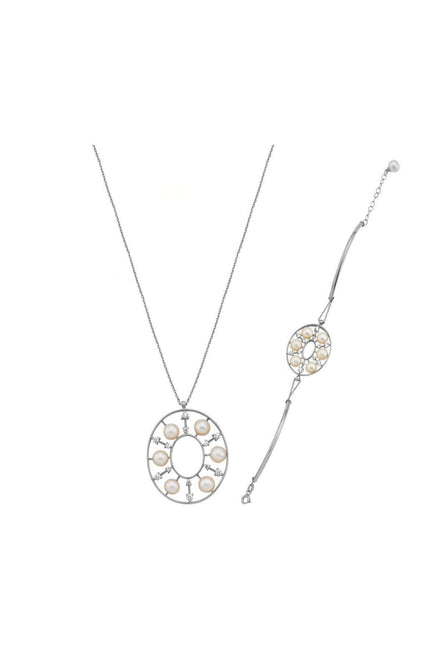 Designed Natural Pearl Necklace Bracelet Double Set