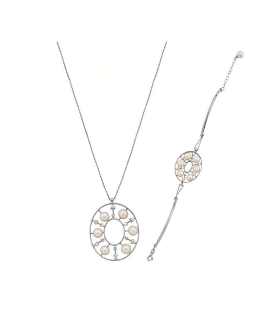 Designed Natural Pearl Necklace Bracelet Double Set