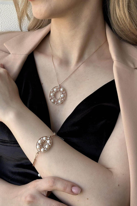 Designed Natural Pearl Necklace Bracelet Double Set