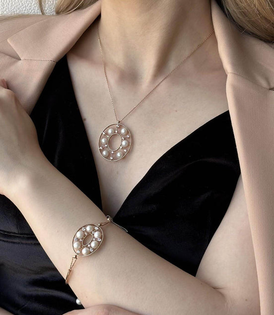 Designed Natural Pearl Necklace Bracelet Double Set