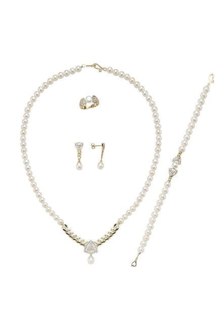 Üçgen Model Baget Taşlı Doğal İnci Küpe Kolye Bileklik Yüzük Dörtlü Set | | Birinci1926