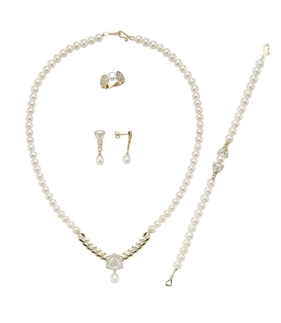 Üçgen Model Baget Taşlı Doğal İnci Küpe Kolye Bileklik Yüzük Dörtlü Set | | Birinci1926