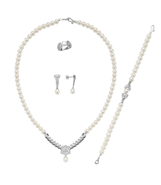 Üçgen Model Baget Taşlı Doğal İnci Küpe Kolye Bileklik Yüzük Dörtlü Set | | Birinci1926