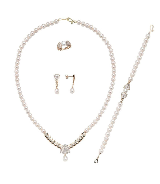 Üçgen Model Baget Taşlı Doğal İnci Küpe Kolye Bileklik Yüzük Dörtlü Set | | Birinci1926