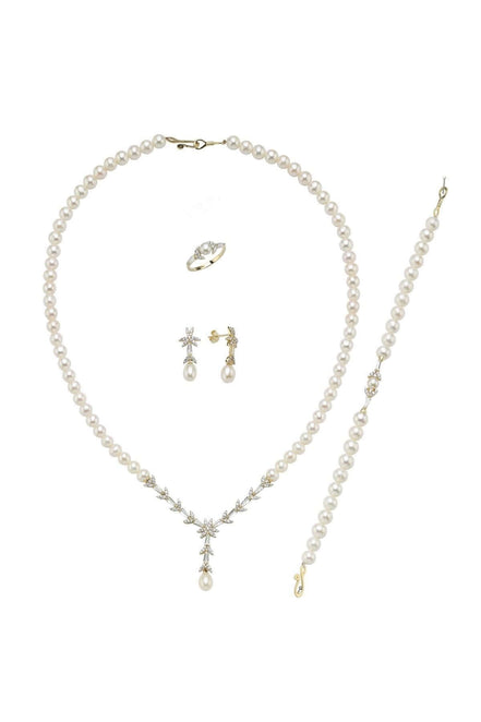 Yaprak Modelli Doğal İnci Küpe Kolye Bileklik Yüzük Dörtlü Set | | Birinci1926