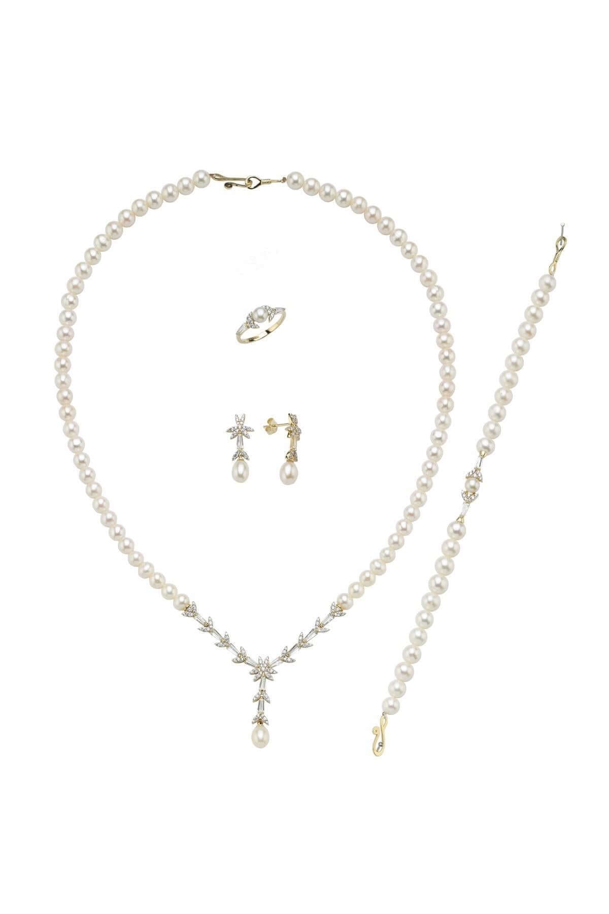 Yaprak Modelli Doğal İnci Küpe Kolye Bileklik Yüzük Dörtlü Set | | Birinci1926