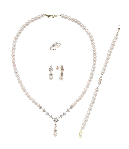 Yaprak Modelli Doğal İnci Küpe Kolye Bileklik Yüzük Dörtlü Set | | Birinci1926