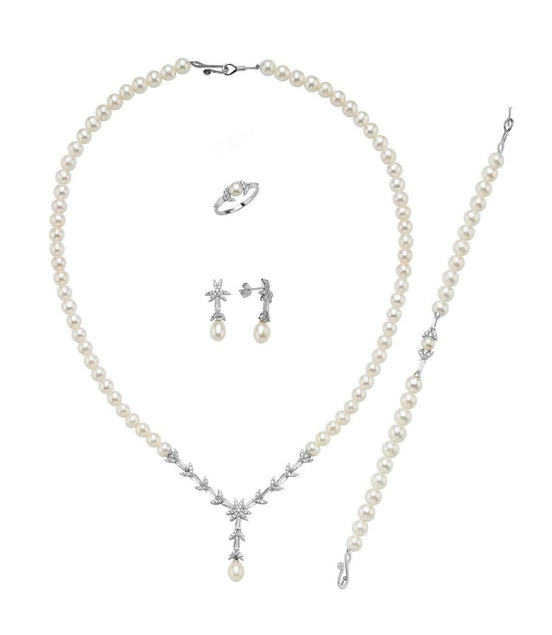 Yaprak Modelli Doğal İnci Küpe Kolye Bileklik Yüzük Dörtlü Set | | Birinci1926