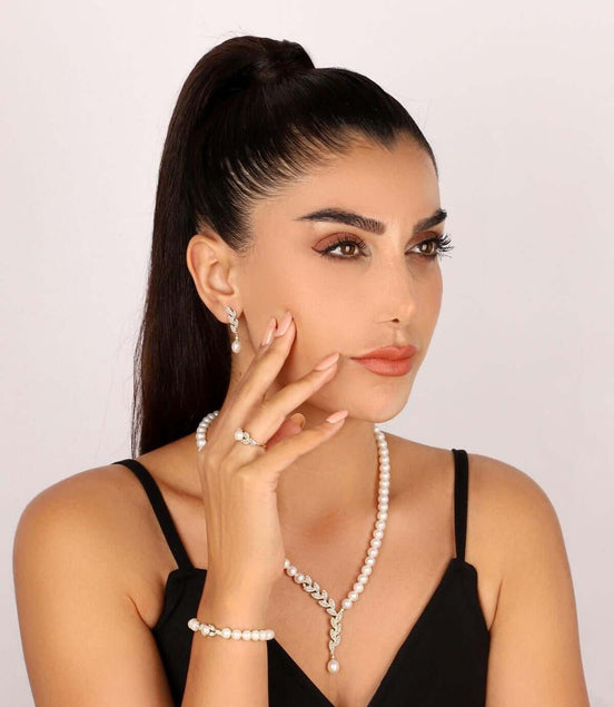 Yaprak Taşlı Doğal İnci Küpe Kolye Bileklik Yüzük Dörtlü Set | | Birinci1926