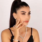 Leaf Stone Natural Pearl Earring Necklace Bracelet Ring Quadruple Set