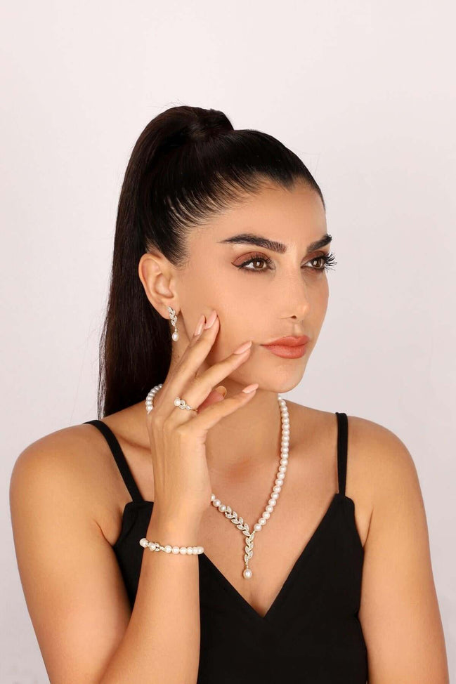 Leaf Stone Natural Pearl Earring Necklace Bracelet Ring Quadruple Set