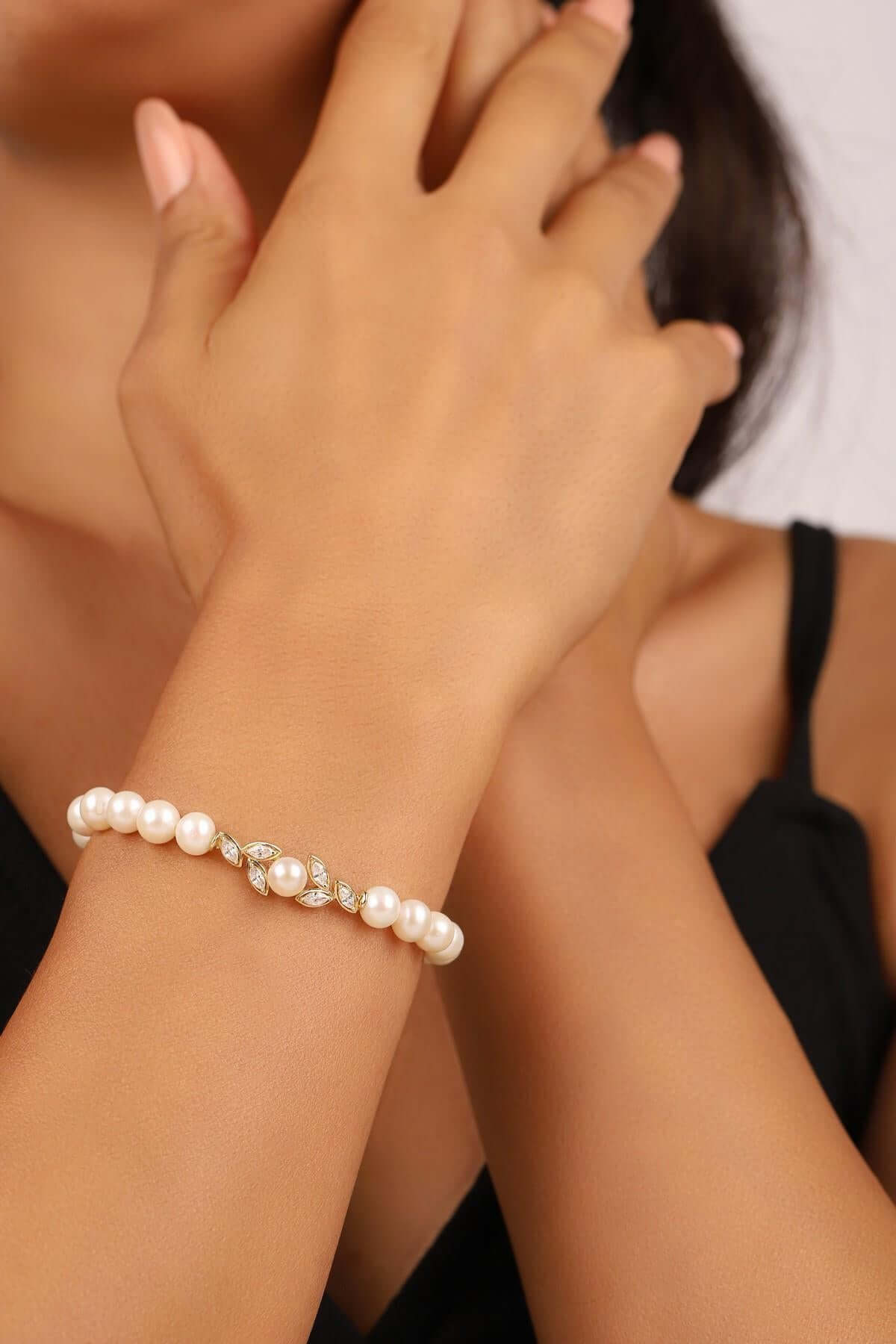 Leaf Stone Natural Pearl Earring Necklace Bracelet Ring Quadruple Set