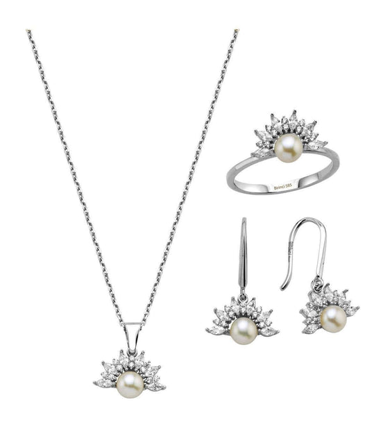 Yarım Çiçek Modelli Doğal İnci Küpe Kolye Yüzük Üçlü Set | | Birinci1926