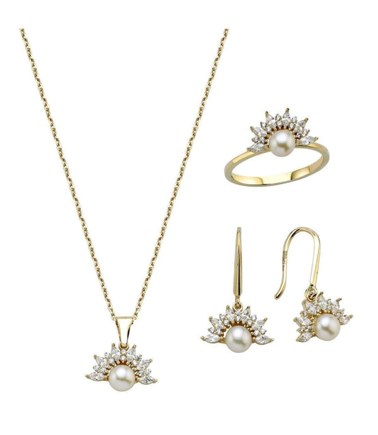 Yarım Çiçek Modelli Doğal İnci Küpe Kolye Yüzük Üçlü Set | | Birinci1926