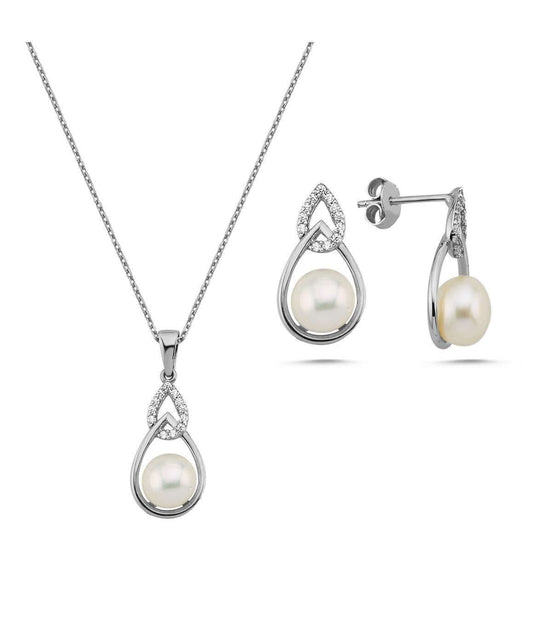 Zirkon Taşlı Damla İçinde Doğal İnci Küpe Kolye İkili Set | | Birinci1926