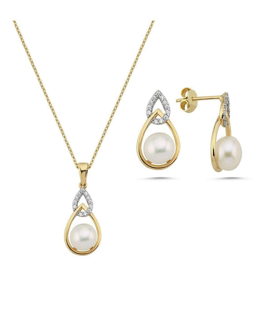 Zirkon Taşlı Damla İçinde Doğal İnci Küpe Kolye İkili Set | | Birinci1926