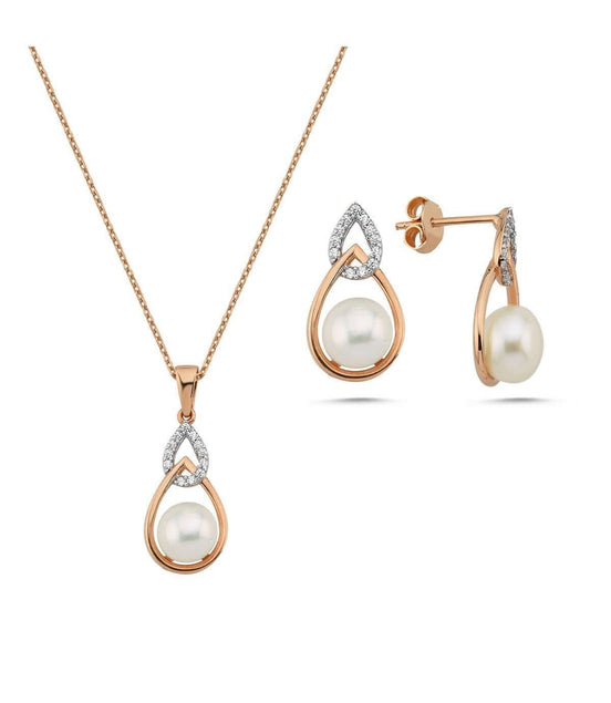 Zirkon Taşlı Damla İçinde Doğal İnci Küpe Kolye İkili Set | | Birinci1926