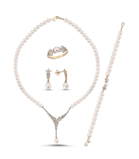 Zirkon Taşlı Doğal İnci Küpe Kolye Bileklik Yüzük Dörtlü Set | | Birinci1926