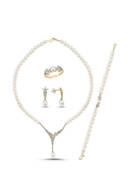 Zirkon Taşlı Doğal İnci Küpe Kolye Bileklik Yüzük Dörtlü Set | | Birinci1926