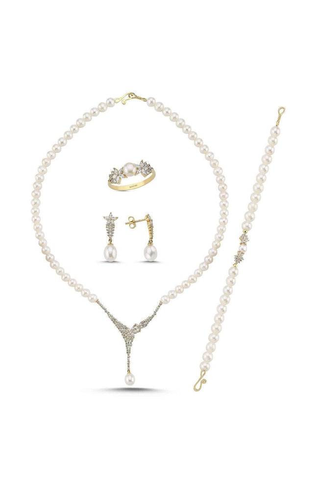 Zirkon Taşlı Doğal İnci Küpe Kolye Bileklik Yüzük Dörtlü Set | | Birinci1926