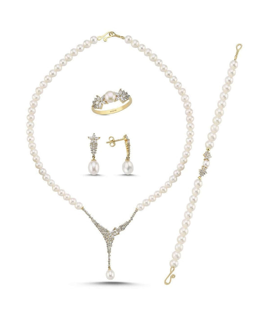 Zirkon Taşlı Doğal İnci Küpe Kolye Bileklik Yüzük Dörtlü Set | | Birinci1926