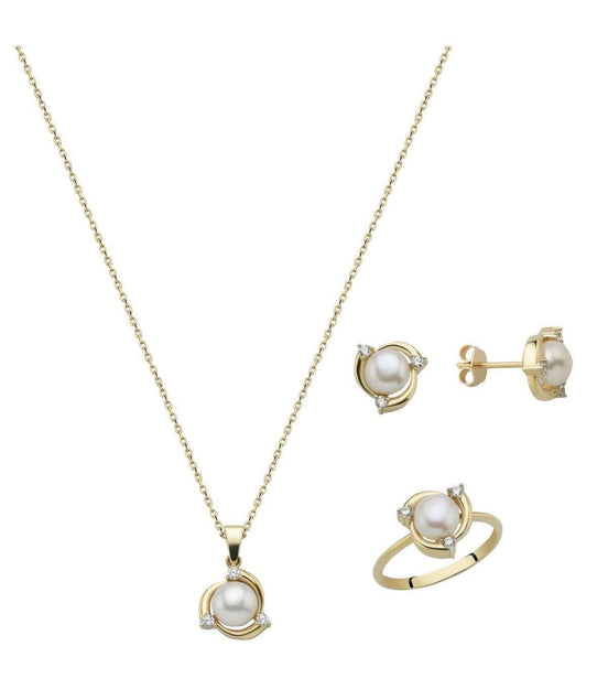 Zirkon Taşlı Doğal İnci Küpe Kolye Yüzük Üçlü Set | | Birinci1926