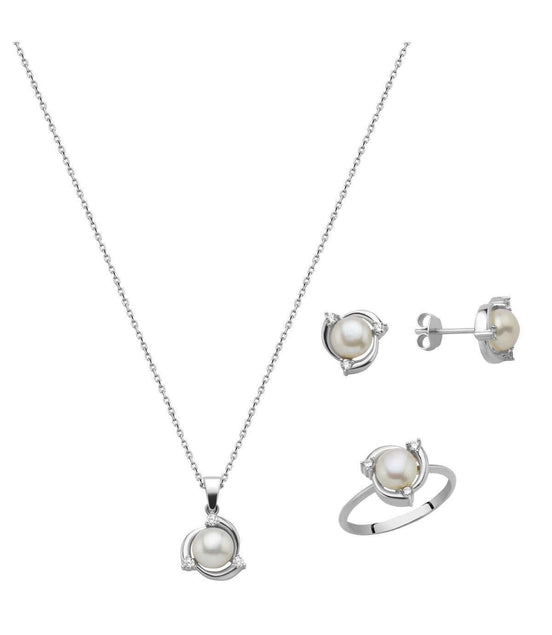 Zirkon Taşlı Doğal İnci Küpe Kolye Yüzük Üçlü Set | | Birinci1926