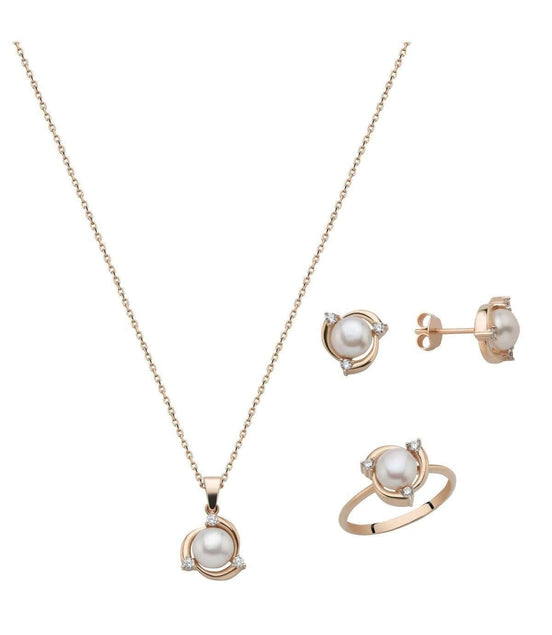 Zirkon Taşlı Doğal İnci Küpe Kolye Yüzük Üçlü Set | | Birinci1926