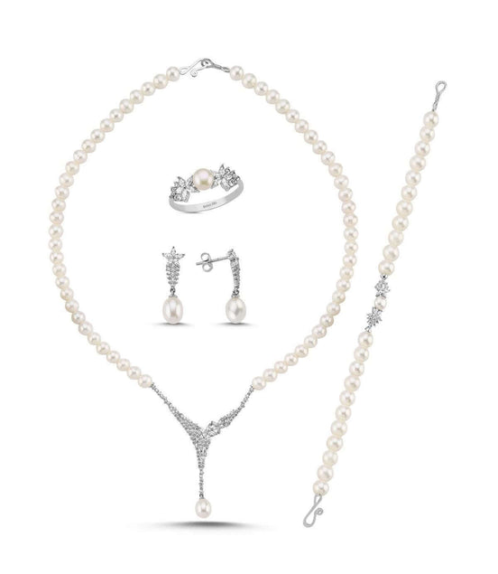 Zirkon Taşlı Doğal İnci Küpe Kolye Bileklik Yüzük Dörtlü Set | | Birinci1926