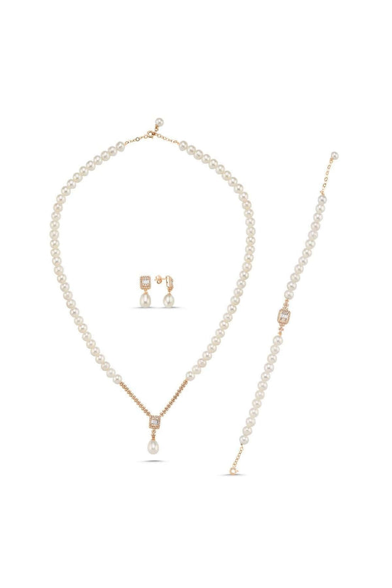 Baget Taşlı Doğal İnci Küpe Kolye Bileklik Üçlü Set | | Birinci1926