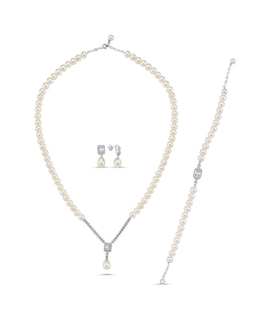 Baget Taşlı Doğal İnci Küpe Kolye Bileklik Üçlü Set | | Birinci1926