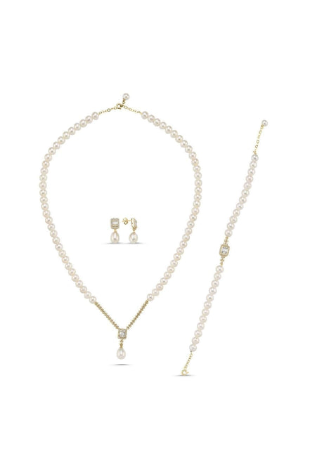 Baget Taşlı Doğal İnci Küpe Kolye Bileklik Üçlü Set | | Birinci1926