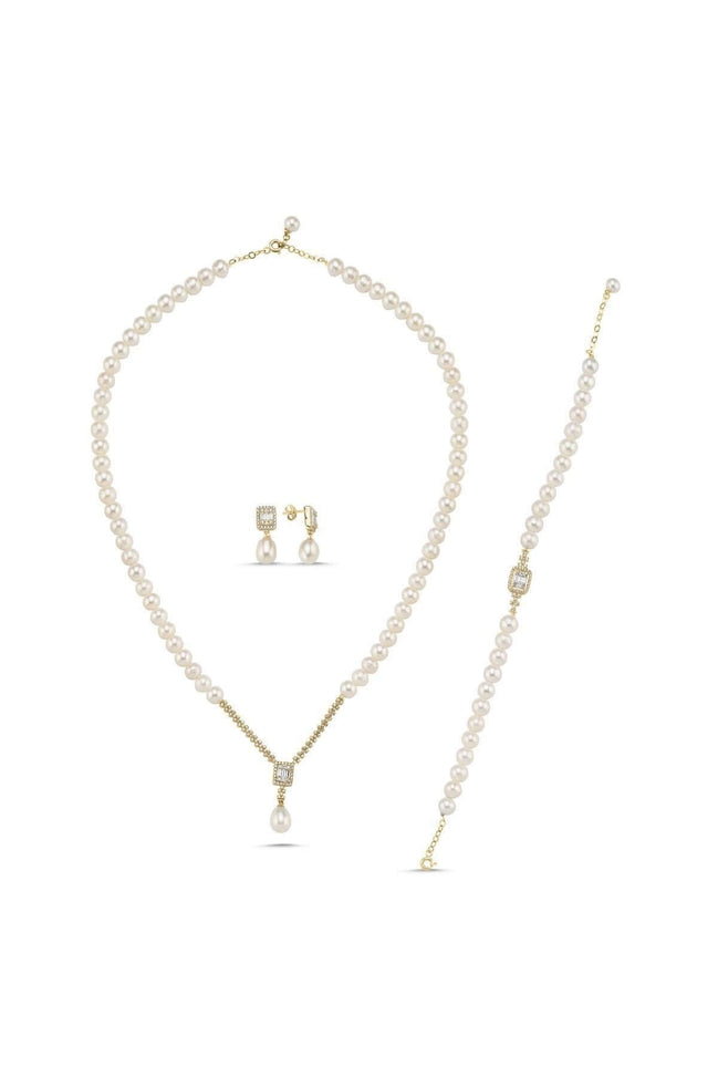 Baget Taşlı Doğal İnci Küpe Kolye Bileklik Üçlü Set | | Birinci1926