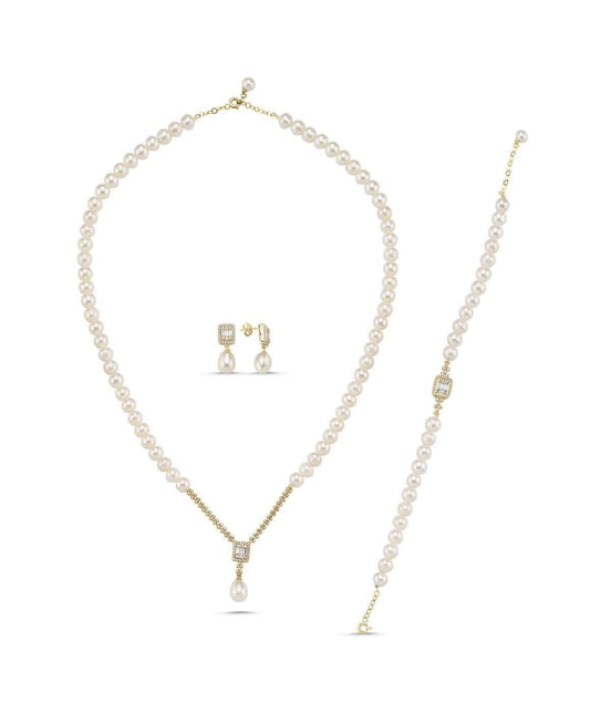 Baget Taşlı Doğal İnci Küpe Kolye Bileklik Üçlü Set | | Birinci1926