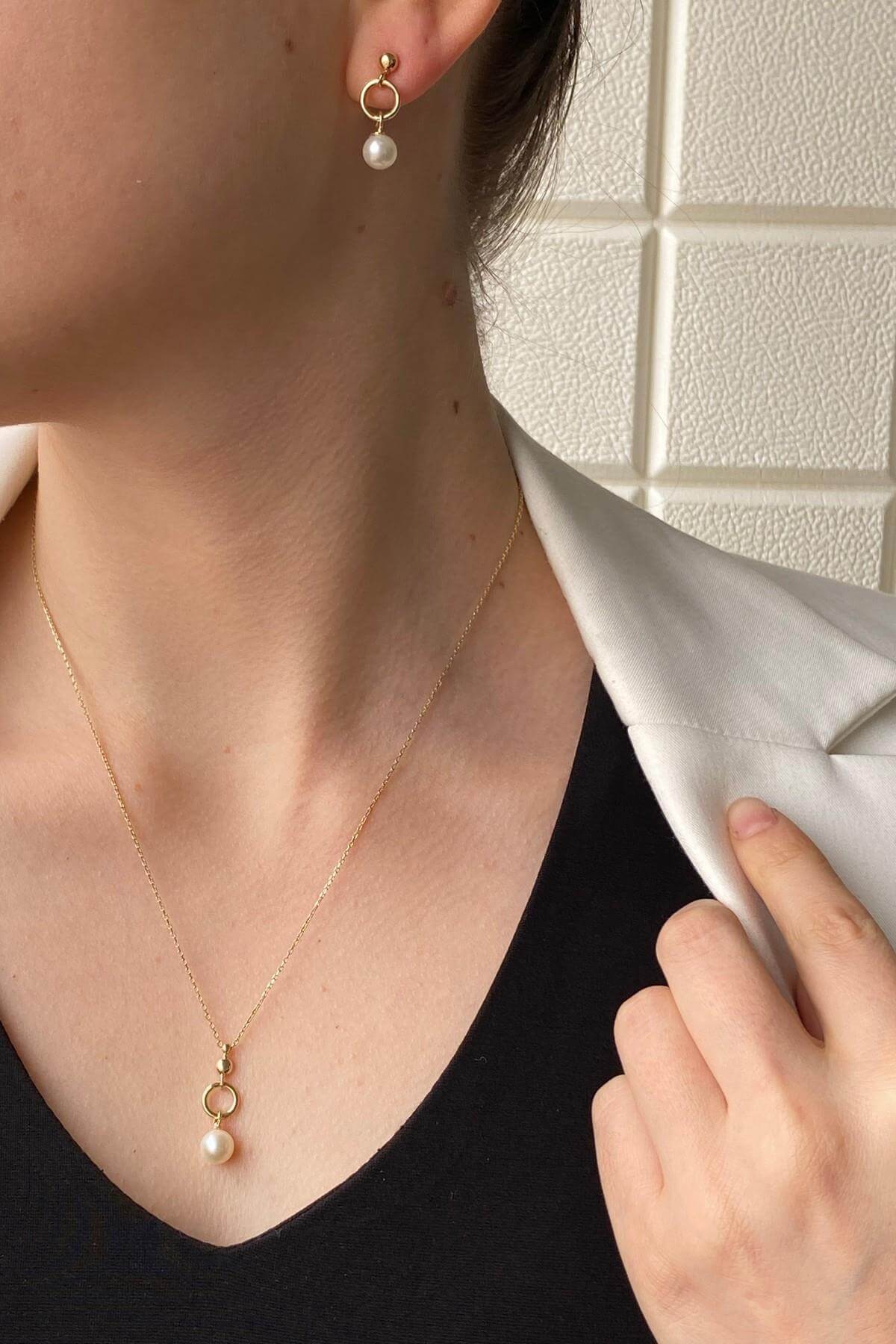 Hoop Natural Pearl Earring Necklace Double Set