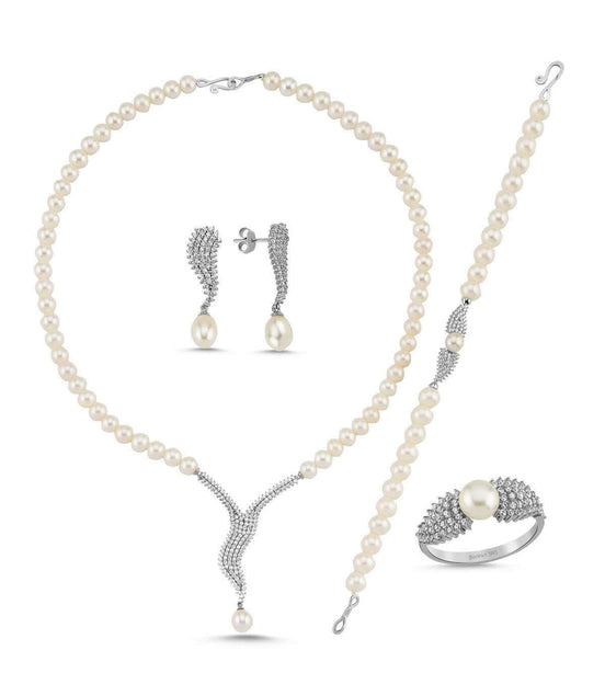 Su Yolu Taşlı Doğal İnci Küpe Kolye Bileklik Yüzük Dörtlü Set | | Birinci1926