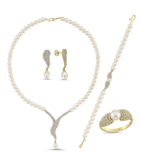 Su Yolu Taşlı Doğal İnci Küpe Kolye Bileklik Yüzük Dörtlü Set | | Birinci1926