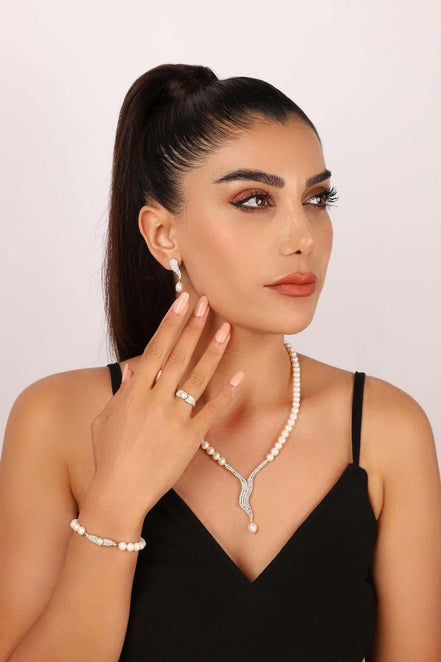 Su Yolu Taşlı Doğal İnci Küpe Kolye Bileklik Yüzük Dörtlü Set | | Birinci1926