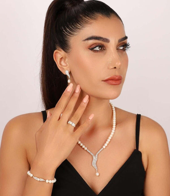 Su Yolu Taşlı Doğal İnci Küpe Kolye Bileklik Yüzük Dörtlü Set | | Birinci1926