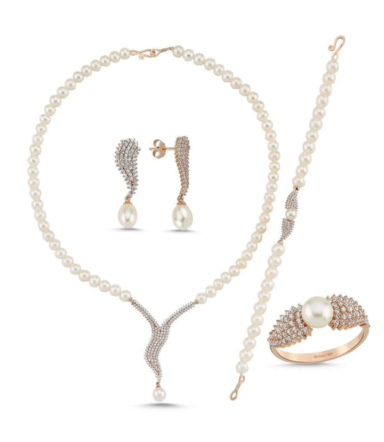 Su Yolu Taşlı Doğal İnci Küpe Kolye Bileklik Yüzük Dörtlü Set | | Birinci1926