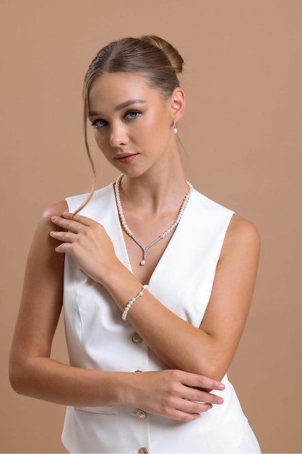 Watercourse Natural Pearl Earring Necklace Bracelet Triple Set